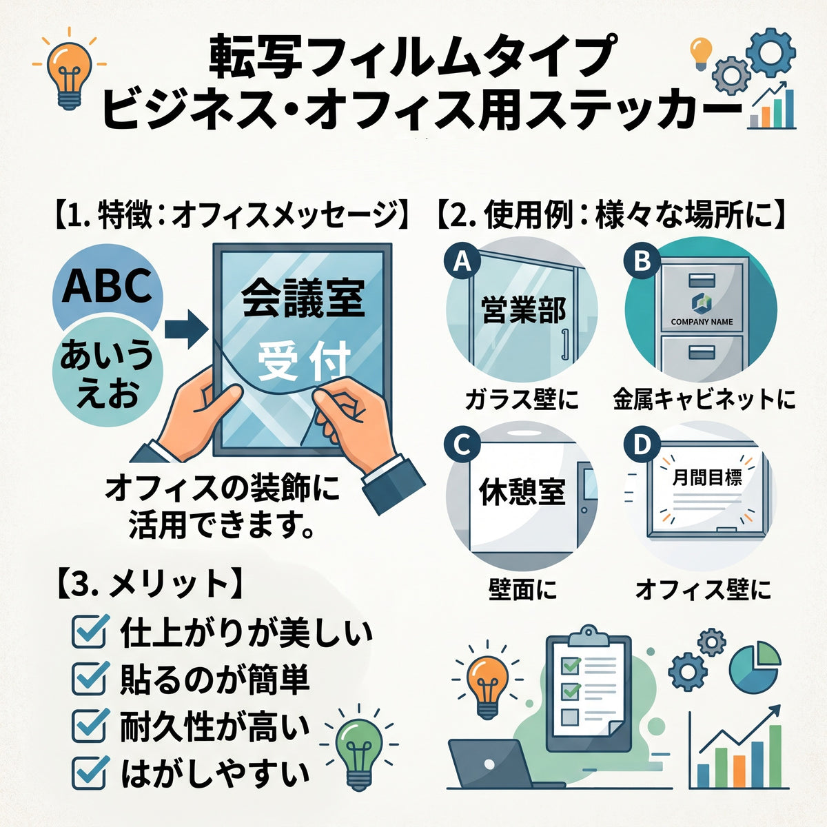 職場の転写タイプシール リーフモチーフ＆格言「Stay focused」：オフィスダストボックス・ペダルペール・デスクサイド用 ホワイトグラフィックサイン　ビジネスステッカー （横幅25cm）