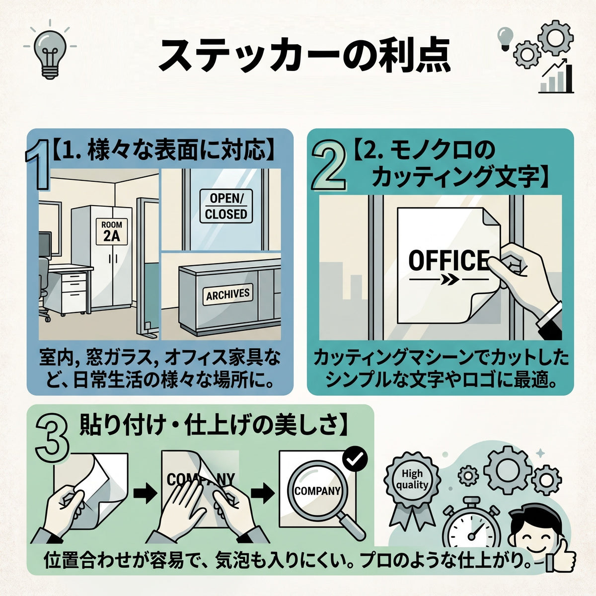 職場の転写タイプシール リーフモチーフ＆格言「Stay focused」：オフィスダストボックス・ペダルペール・デスクサイド用 ホワイトグラフィックサイン　ビジネスステッカー （横幅25cm）
