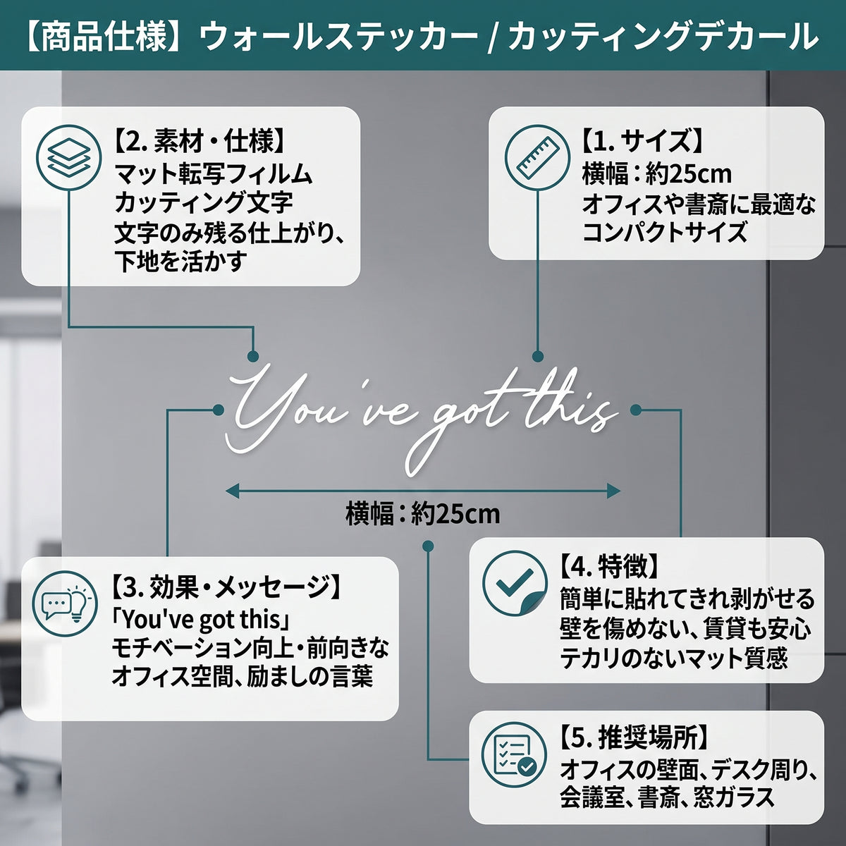 職場の転写タイプシール リーフモチーフ＆格言「Stay focused」：オフィスダストボックス・ペダルペール・デスクサイド用 ホワイトグラフィックサイン　ビジネスステッカー （横幅25cm）