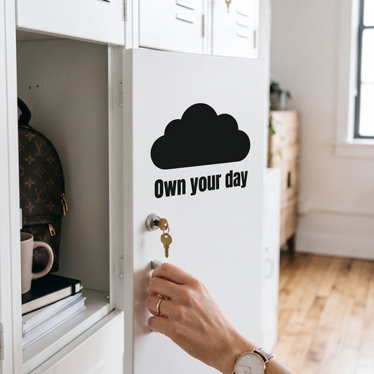 転写タイプ クラウドアイコン＆格言「Own your day」：オフィスロッカー・ホワイトスチール扉・更衣スペース用 ブラックグラフィックサイン　ウォールステッカー （横幅25cm）
