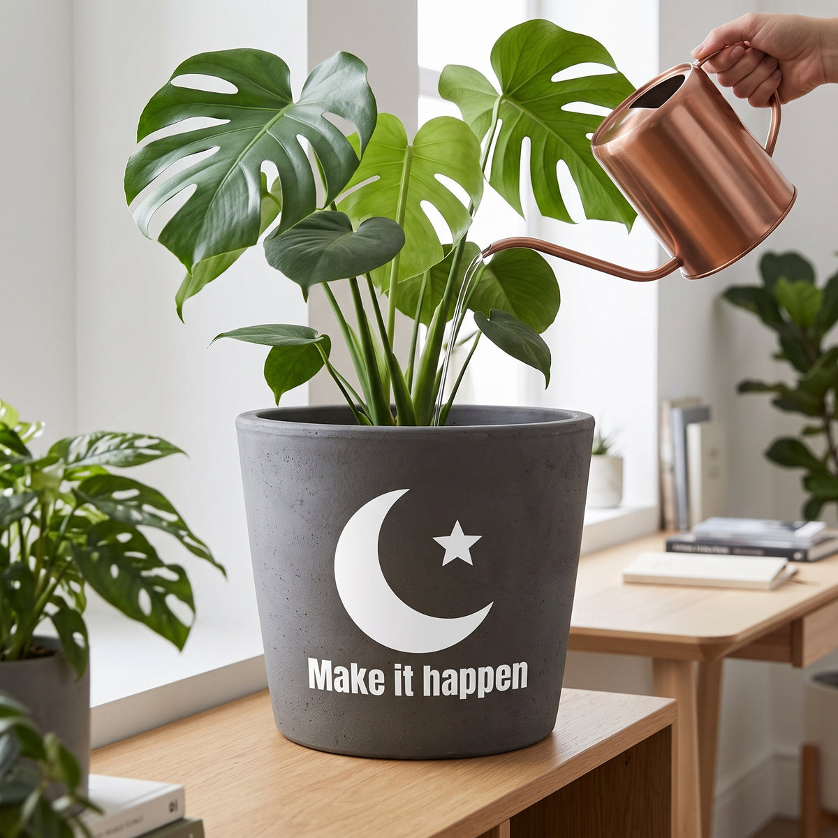 ムーン＆スター：Make it happen：プランター・観葉植物ポット・窓辺グリーンなどに　ホワイトグラフィックサイン 転写タイプウォールステッカー （横幅25cm）