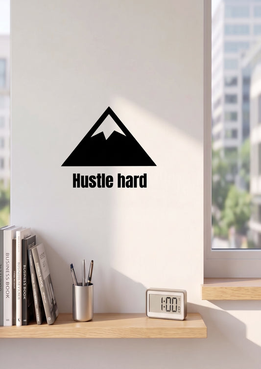 転写タイプ マウンテンアイコン＆格言「Hustle hard」：窓際カウンター・書斎デスク・時計上壁面用 ブラックグラフィックサイン　ウォールステッカー （横幅25cm）